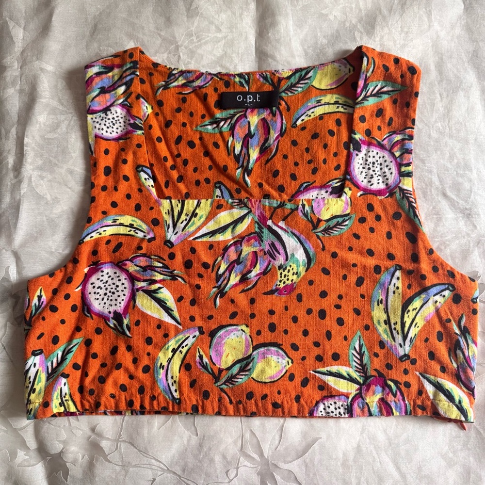 SOLD Tropical Orange Linen blend Floral Crop Top Large - Picture 9 of 12